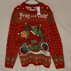 Frog and Toad Graphic Christmas Sweater For Men, Large, Red, Green,  & White